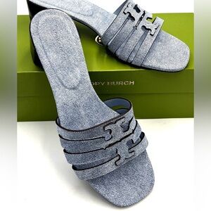 Tory Burch Women's Ines Heel Mule Sandal 55MM Denim Suede Blue Cloud
